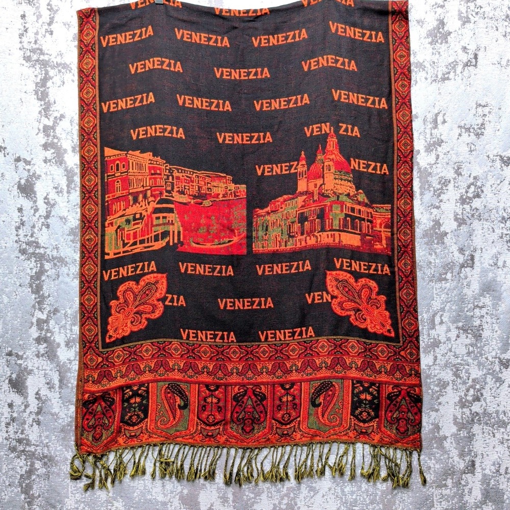 Venezia Venice Italy Souvenir Scarf Wrap Black Orange Cotton Viscose Fringe 80in